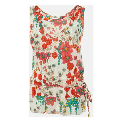 Marni White/Red Floral Print Cotton Peplum Top