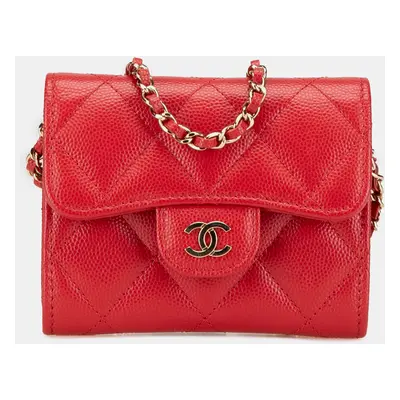 Chanel Red CC Quilted Caviar Flap Card Holder on Chain