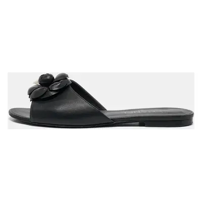 Chanel Black Leather Embellished CC Flat Slides Size 39.5