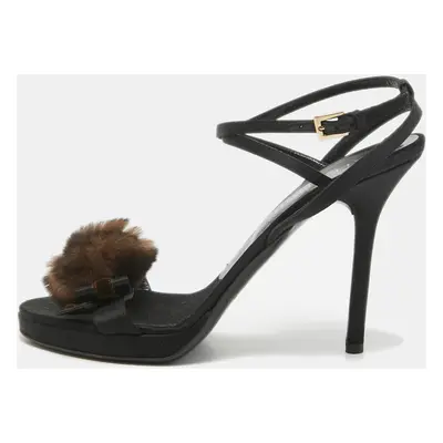 Valentino Black Satin Fur Bow Ankle Strap Sandals Size