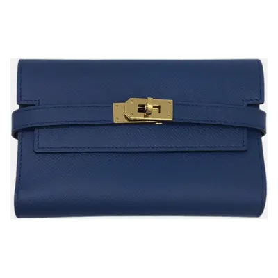 Hermes Kelly Wallet Medium Epson Blue Agat A Engraved G Hardware Gold Compact Accessory Women's 