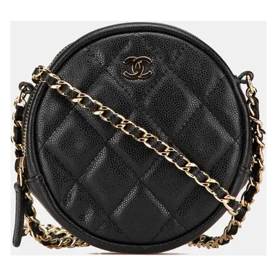 Chanel Black CC Quilted Caviar Round Clutch With Chain