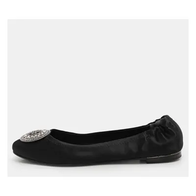 Tory Burch Black Satin Crystal Logo Embellished Ballet Flats Size 36.5