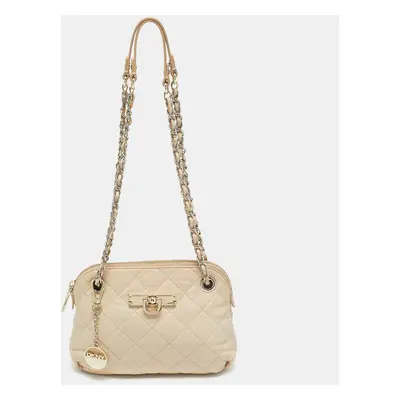 DKNY Light Beige Quilted Leather Small Zip Shoulder Bag