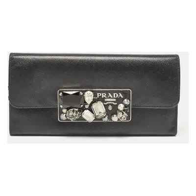 Prada Black Saffiano Leather Crystals Embellished Continental Wallet