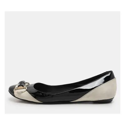 Gucci Black/Grey Patent Leather and Suede Bamboo Horsebit Ballet Flats Size