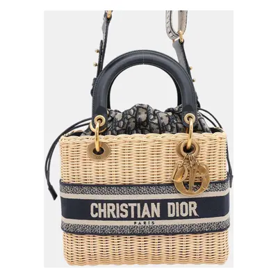 Dior Natural/Navy Straw Canvas Medium Oblique Wicker Rattan Basket Bag