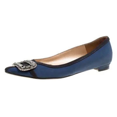 Manolo Blahnik Navy Blue Satin Gotrian Crystal Embellished Pointed Toe Flats Size 36.5