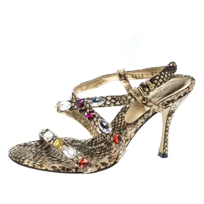 Dolce & Gabbana Beige Python Crystal Embellished Slingback Sandals Size