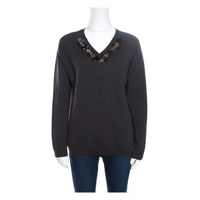 Marni Dark Grey Wool Crystal Embellished V Neck Sweater