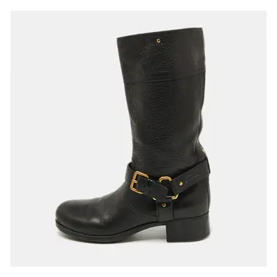 Prada Sport Black Leather Buckle Detail Mid Calf Length Boots Size