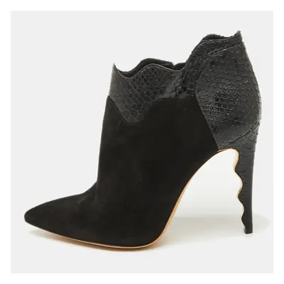 Alexander Birman Black Suede and Python Pointed Toe Ankle Booties Size