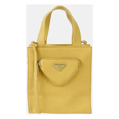 Prada Yellow Leather Triangle Logo Pocket Tote