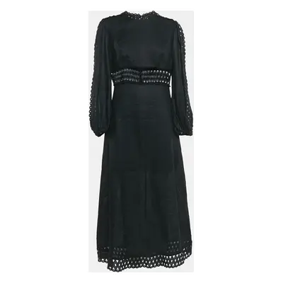 Zimmermann Black Eyelet Lace Trim Linen Midi Dress