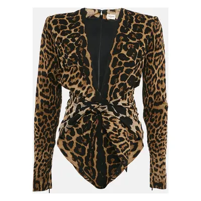 Saint Laurent Paris Brown Leopard Print Crepe Full Sleeve Bodysuit