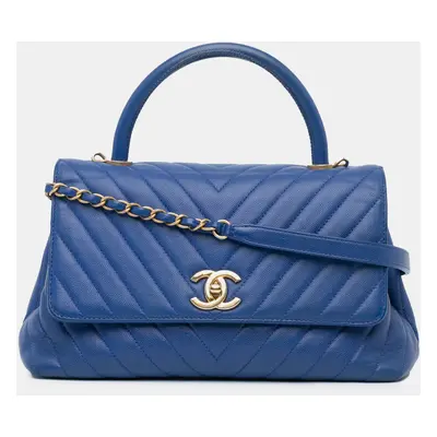 Chanel Blue Small Caviar Chevron Coco Top Handle Bag