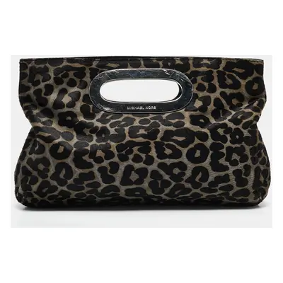 MICHAEL Michael Kors Black/Grey Leopard Print Calf Hair Berkley Clutch