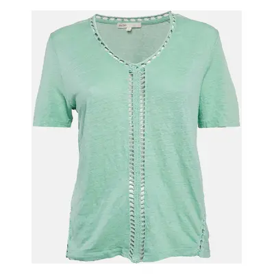 Maje Green Linen Knit Crochet Detail Top