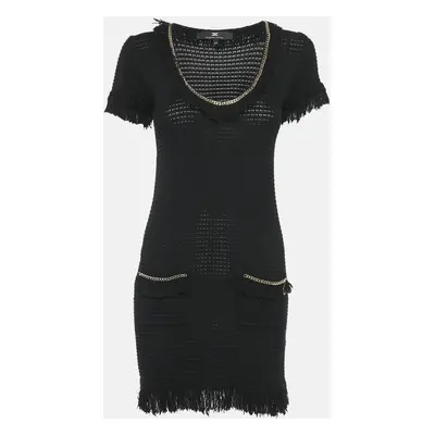 Elisabetta Franchi Black Cotton Blend Knit Fringed Mini Dress