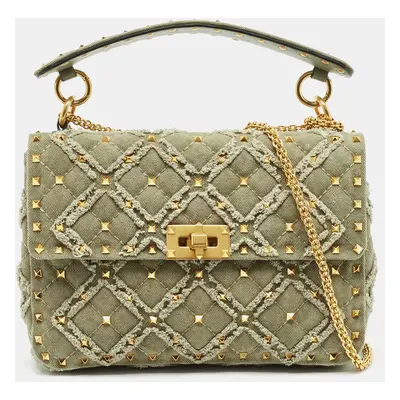 Valentino Olive Green Quilted Denim Medium Rockstud Spike Top Handle Bag