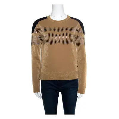 Louis Vuitton Brown Lurex Knit Contrast Suede Shoulder Patch Detail Cropped Sweater