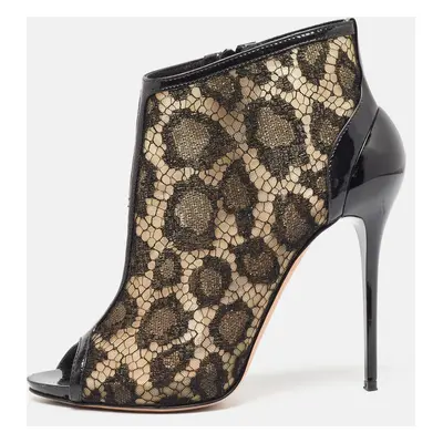 Alexander McQueen Black Lace and Patent Open Toe Ankle Booties Size