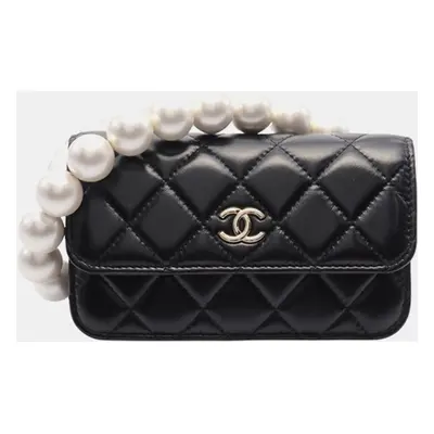 Chanel Black Quilted Calfskin Maxi Pearls Clutch With Chain