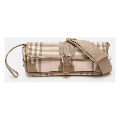 Burberry Pink/Beige House Check PVC and Leather Buckle Flap Shoulder Bag