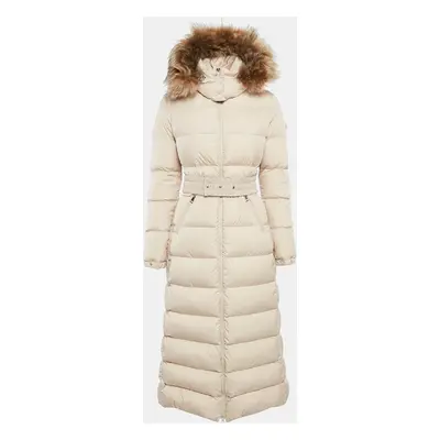 Moncler Beige Synthetic Detachable Fur Hooded Down Puffer Long Coat