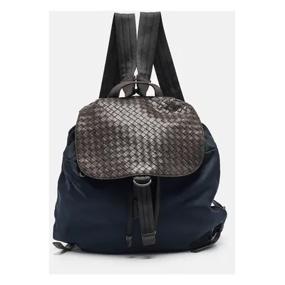 Bottega Veneta Navy Blue/Brown Intrecciato Leather and Nylon Flap Backpack