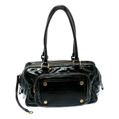 Marc by Marc Jacobs Black Laminated Leather Zip Pockets Satchel