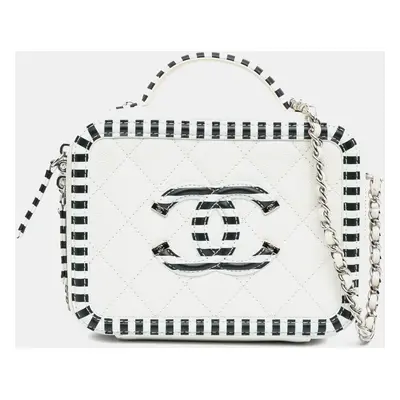 Chanel White Small Caviar CC Filigree Striped Vanity Case