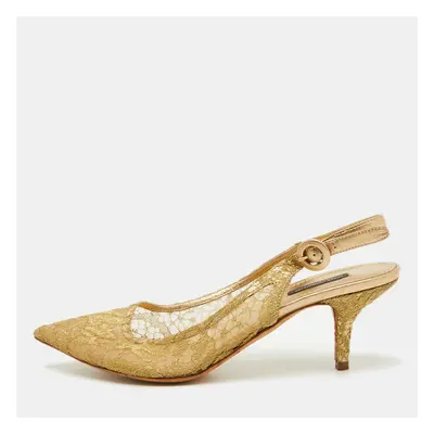 Dolce & Gabbana Gold Lace and Leather Slingback Pumps Size 39.5