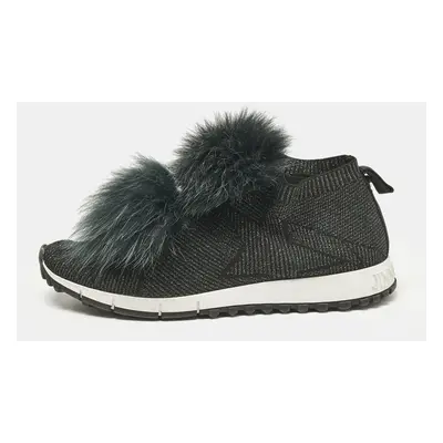 Jimmy Choo Green Fur and Lurex Fabric Norway Pom Pom Sneakers Size