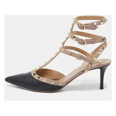 Valentino Black/Beige Leather Rockstud Ankle Strap Pumps Size