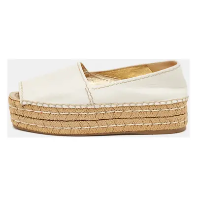 Prada White Leather Peep Toe Platform Espadrille Flats Size