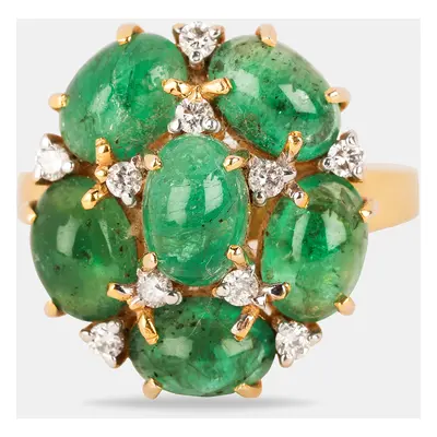 14K Gold Natural Cabachon Emerald & Brilliant Round Diamond Ring