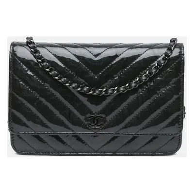 Chanel Black CC Chevron Quilted Crumpled Calfskin Wallet On Chain