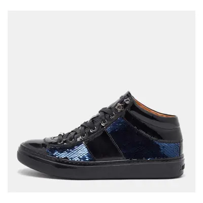 Jimmy Choo Black/Navy Blue Patent Leather and Sequins Low Top Sneakers Size