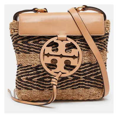 Tory Burch Tan/Dark Brown Leather and Stripe Straw Miller Flap Crossbody Bag