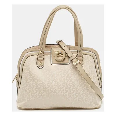 DKNY Cream/Beige Signature Canvas and Leather Dome Satchel