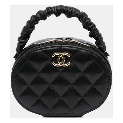 Chanel Black Lambskin Ruched Oval Top Handle Bag