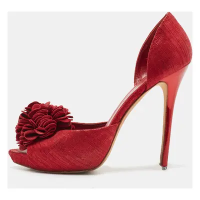 Alexander McQueen Red Laminated Suede Floral Applique D'orsay Pumps Size 38.5