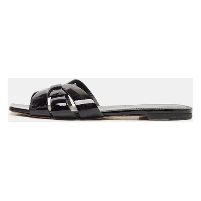 Saint Laurent Black Patent Leather Tribute Flat Slides Size