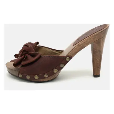 Miu Miu Brown Leather Wooden Clog Slide Sandals Size