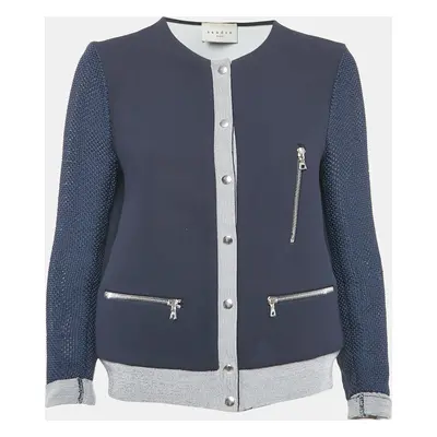 Sandro Navy Blue Crepe Zip-Up Contrast Trim Jacket