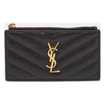 Saint Laurent Black Leather Cassandre Zip Card Holder