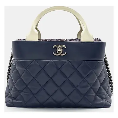 Chanel Navy Blue Leather Tweed Tote Bag