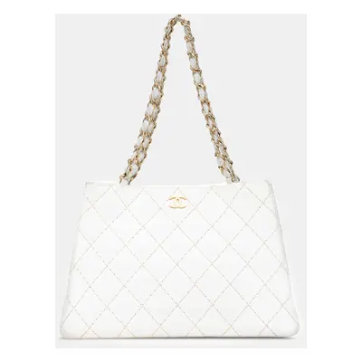 Chanel White CC Quilted Lambskin Wild Stitch Tote