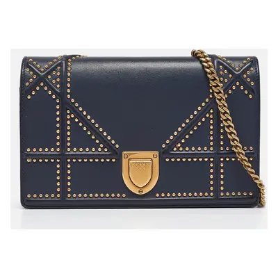 Dior Navy Blue Leather Studded Diorama Wallet on Chain